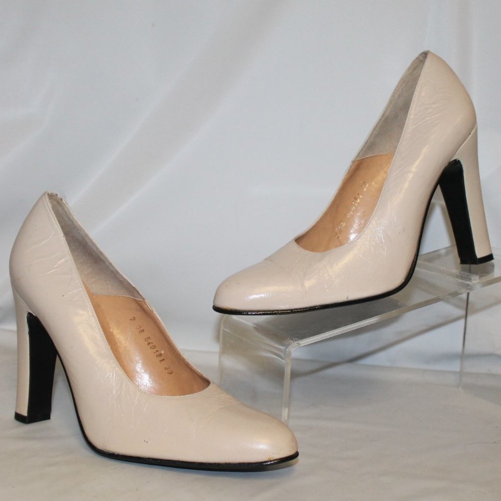 Handmade Cream Leather FAITH Heels Pumps Shoes Sz 39 8.5